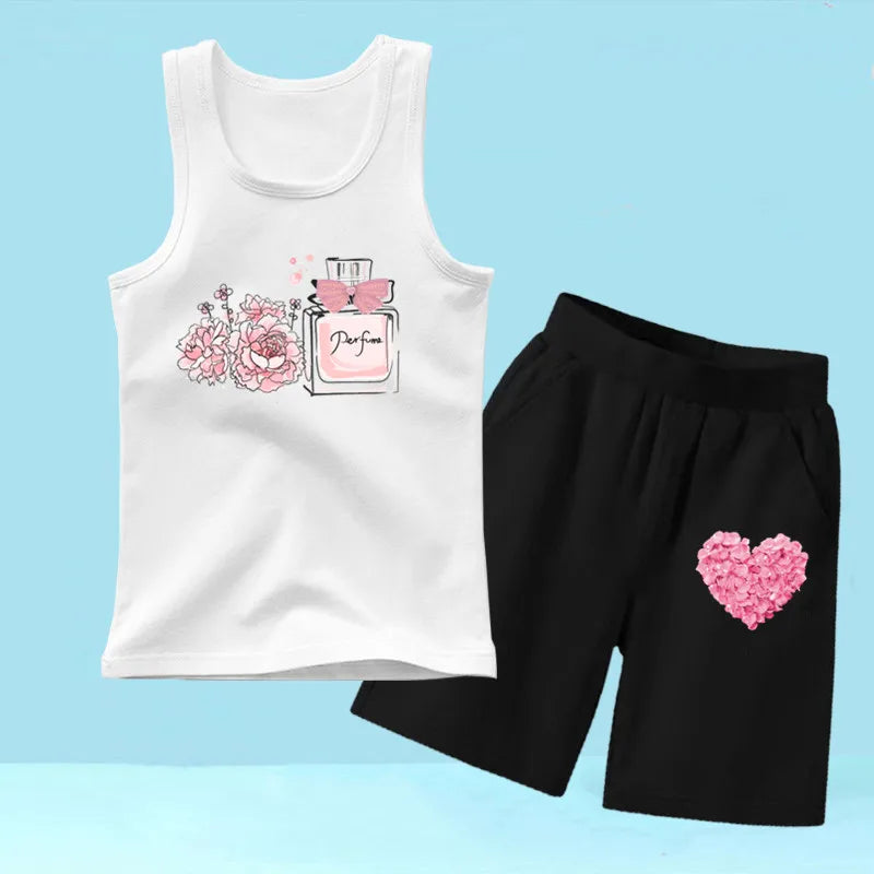 Summer Girls 2PCS Vest Set Perfume Bottle Print Sleeveless Top and Shorts