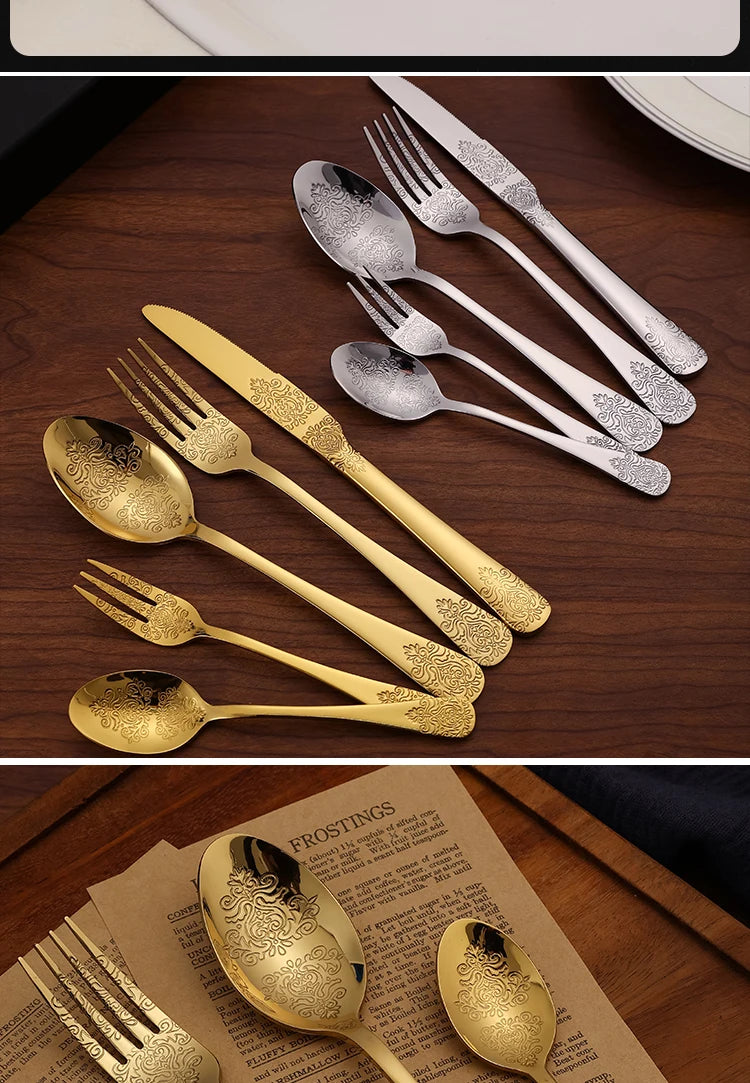 5Pcs Cutlery Set Stainless Steel Tableware Carving Golden Dinnerware