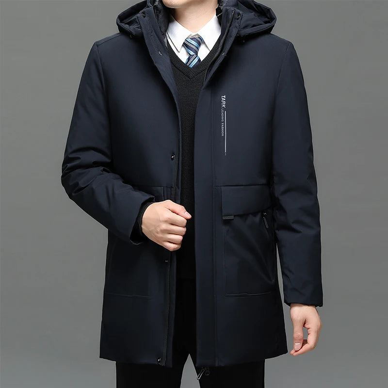 Men's Thick Winter Parka with Big Hood Warm Water/Windproof Casual Jacket White Duck down Filling Zip Closure Long Style