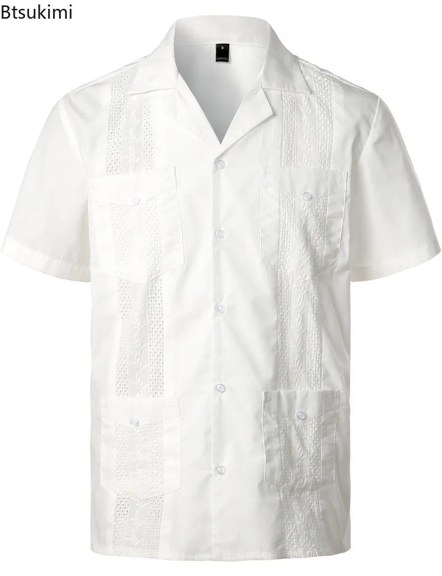 Men's Cuban Shirts Multiple Pockets Lapel Short Sleeves Cardigan