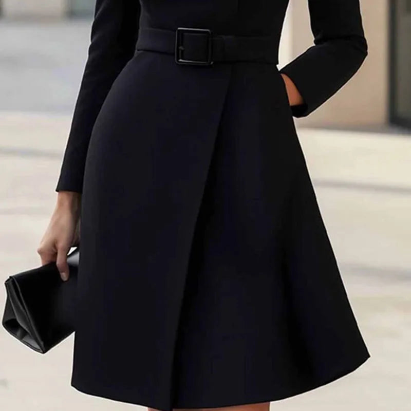 Turtleneck Solid A-Line Dress Elegant Button High Waist Pocket Long Sleeve Casual Party Dress