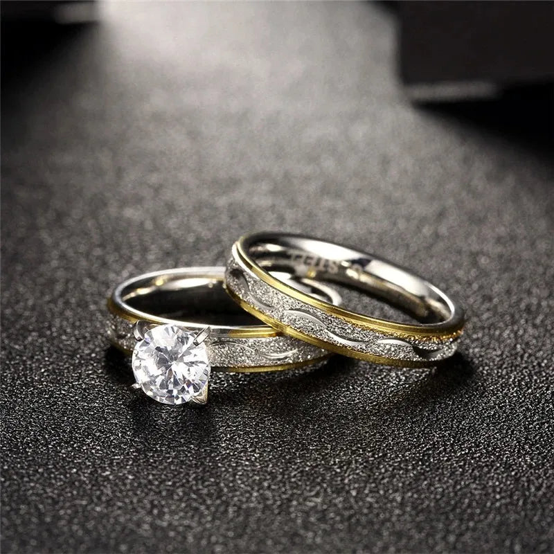 Couple Exquisite Rings Women Rhinestones Zirconia & Men Stainless Steel Ring Wedding Jewelry Love Gift
