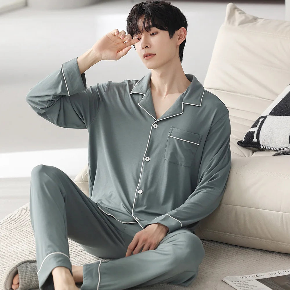 Autumn Men's Pajamas Sets Long Sleeve Modal Cotton Thin Teenage Boys' Large Size Spring Outwear Home Cloth Suit Sleepwear Male