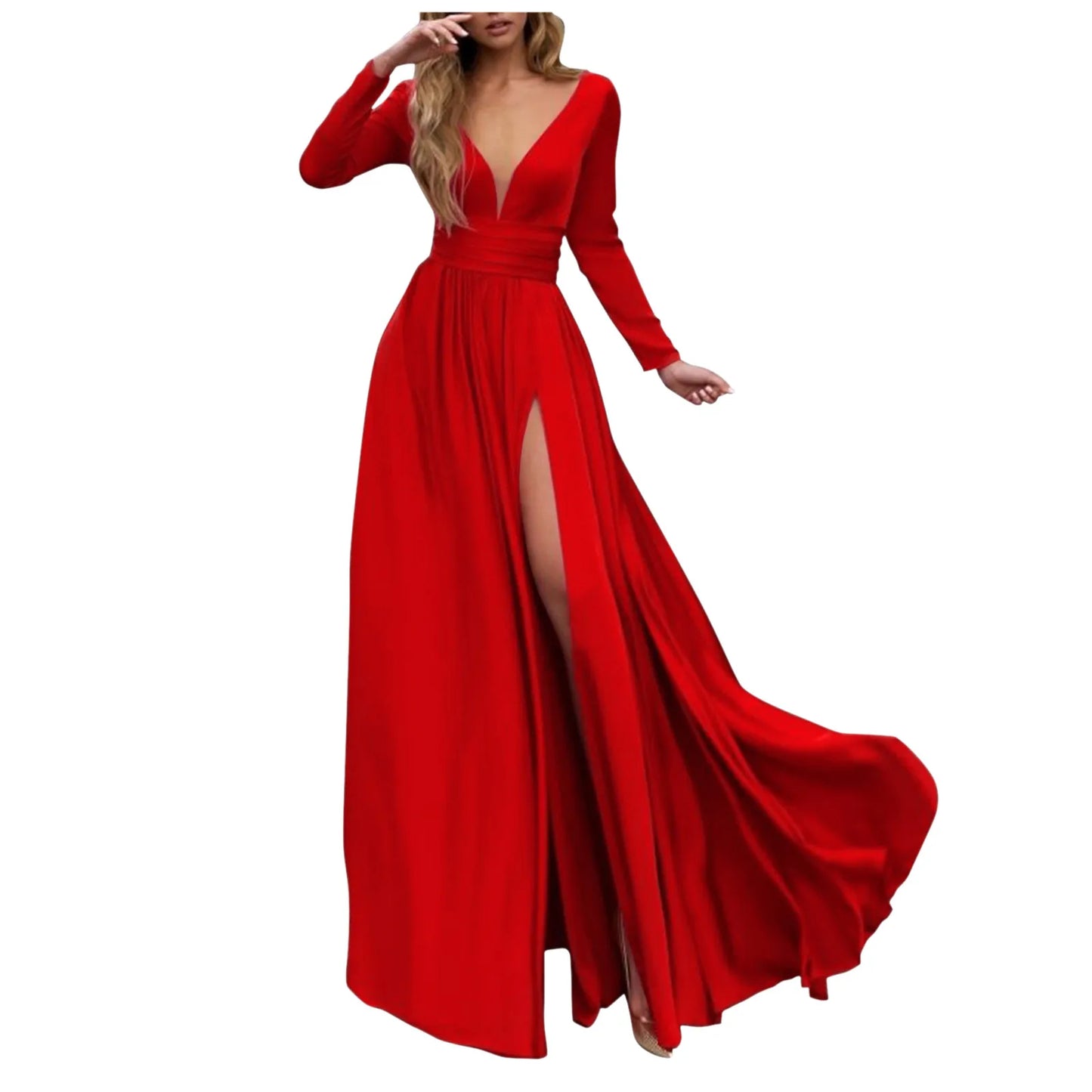Women Wrap Split A Line Dress High Waist Deep V Neck Evening Party Long Gown