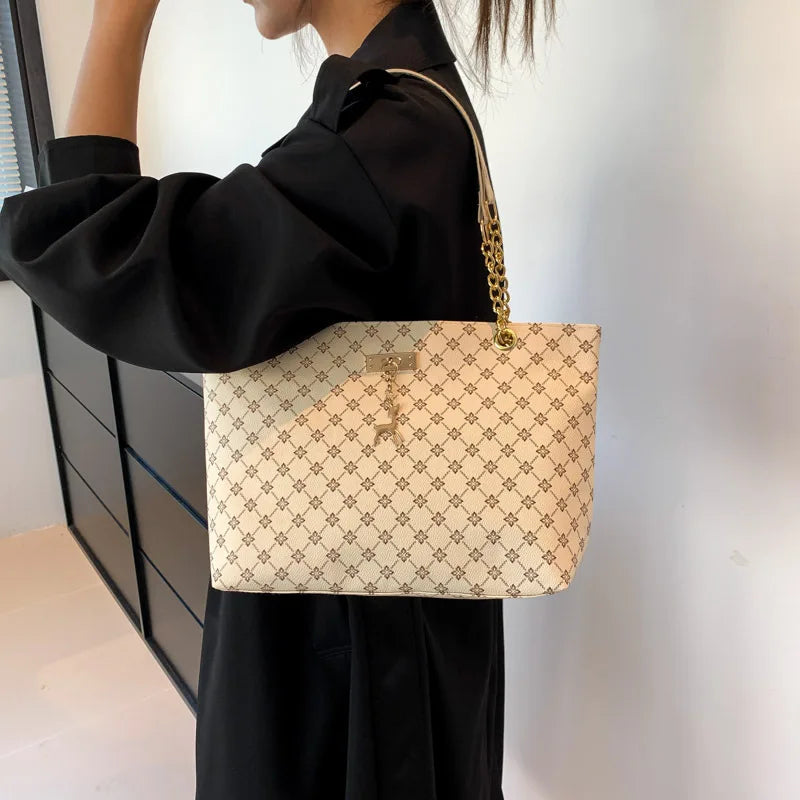 Women Soft Leather Large Capacity Tote Handbag With Hanging Accessories Shoulder Bag