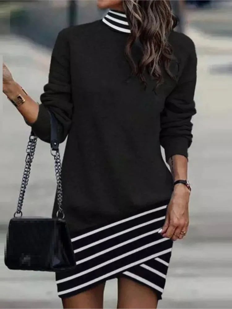 Women's High Collar Casual Long Sleeved Short Dress