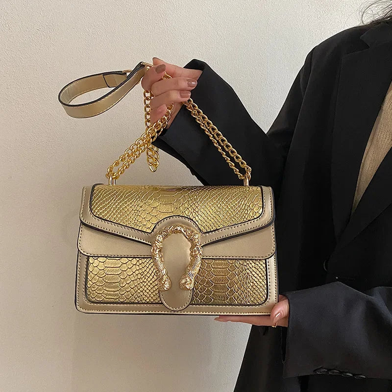 Gold Chain Crossbody Women's Fashion Bag Crocodile Pattern