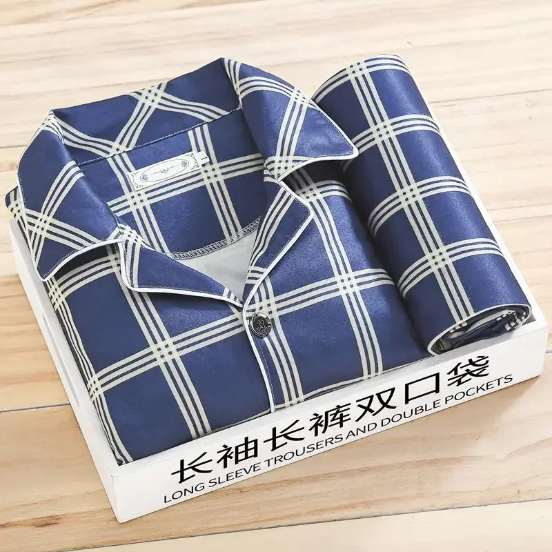 Men's Pajamas Long-Sleeved 2PCS Set Cardigan Plaid Top Trousers Nightwear