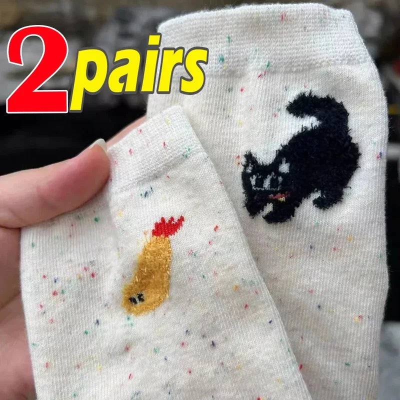 1/2pairs Cartoon Cat Fish Pattern Middle Tube Socks Soft Thermal Warm Crew Sock