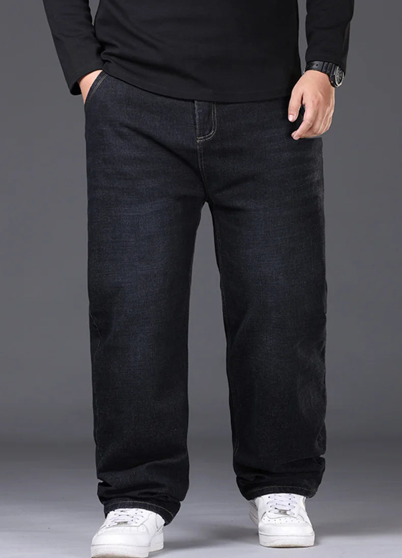 34-50 Sizes Men's Stretch Jeans Straight Leg Denim Pants Extended Sizing Blue/Black Streetwear Relaxed Fit for Work & Casual