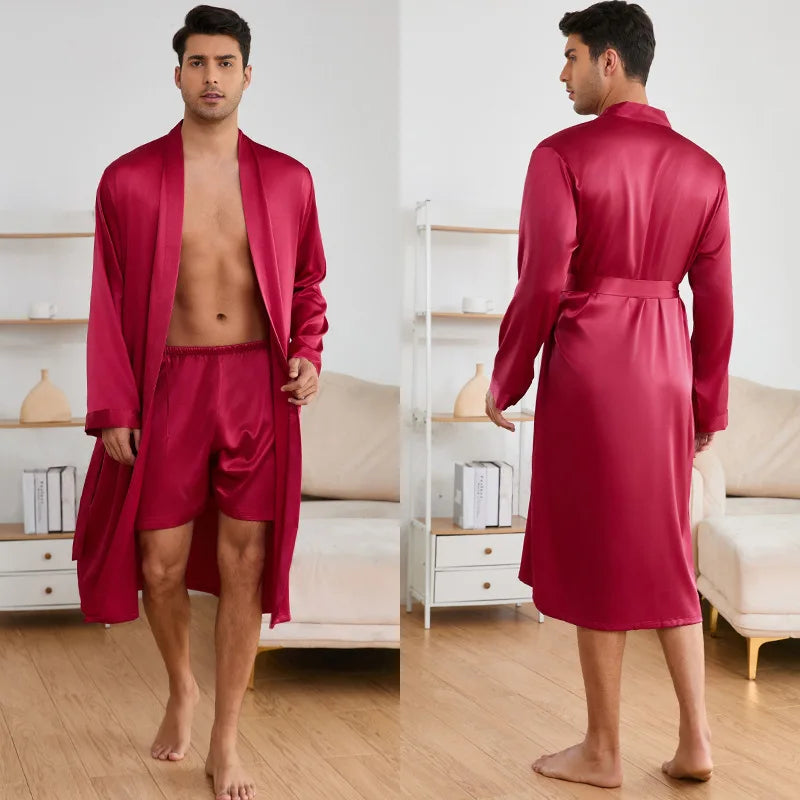 Solid Color Sleep Wear Set Men Silky Nightwear Kimono
