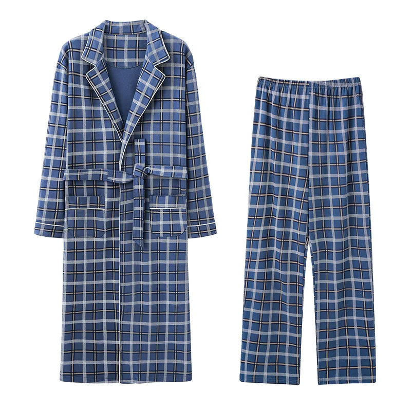 Men’s Cotton Robe Long Sleeve Kimono Bathrobe With Long Pants 2pcs Robes Set Sleepwear Spring Autumn V-Neck Plaid Pajama