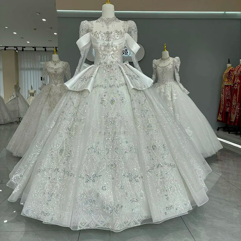 Luxury Bridal Wedding Dress Long Sleeve Princess Sparkling Beaded Customized