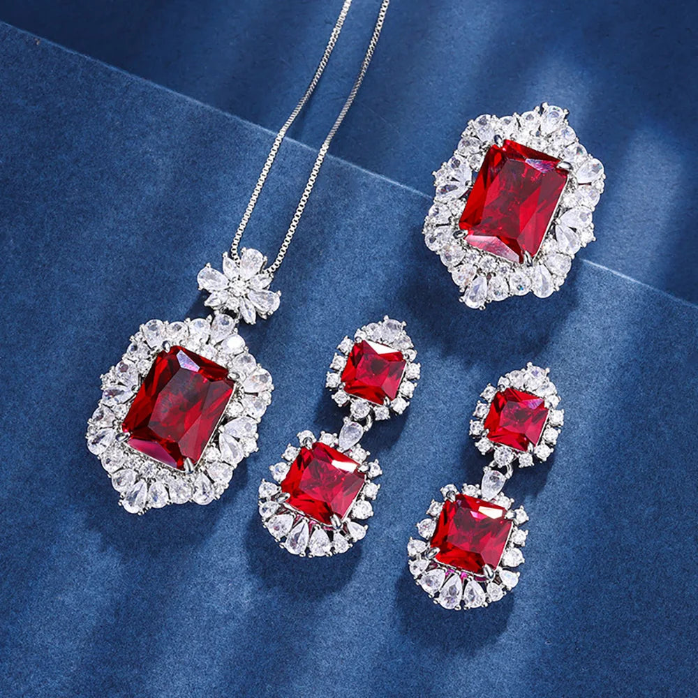 Ruby Necklace Pendant Rings Dangle Earrings Lab Diamond Fine Jewelry Sets
