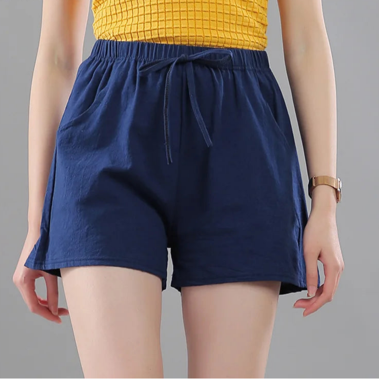 Women Summer Shorts Korean Wide Leg Casual Solid Drawstring Elastic Waist Cotton