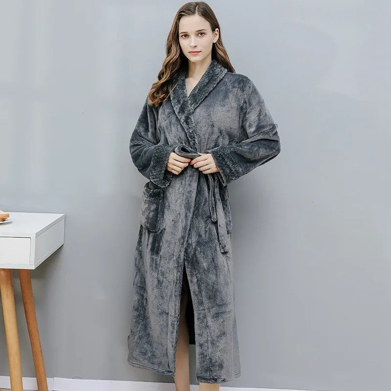 Unisex Autumn/Winter Warm Long Coral Velvet Thick Couple Bath Bathrobes