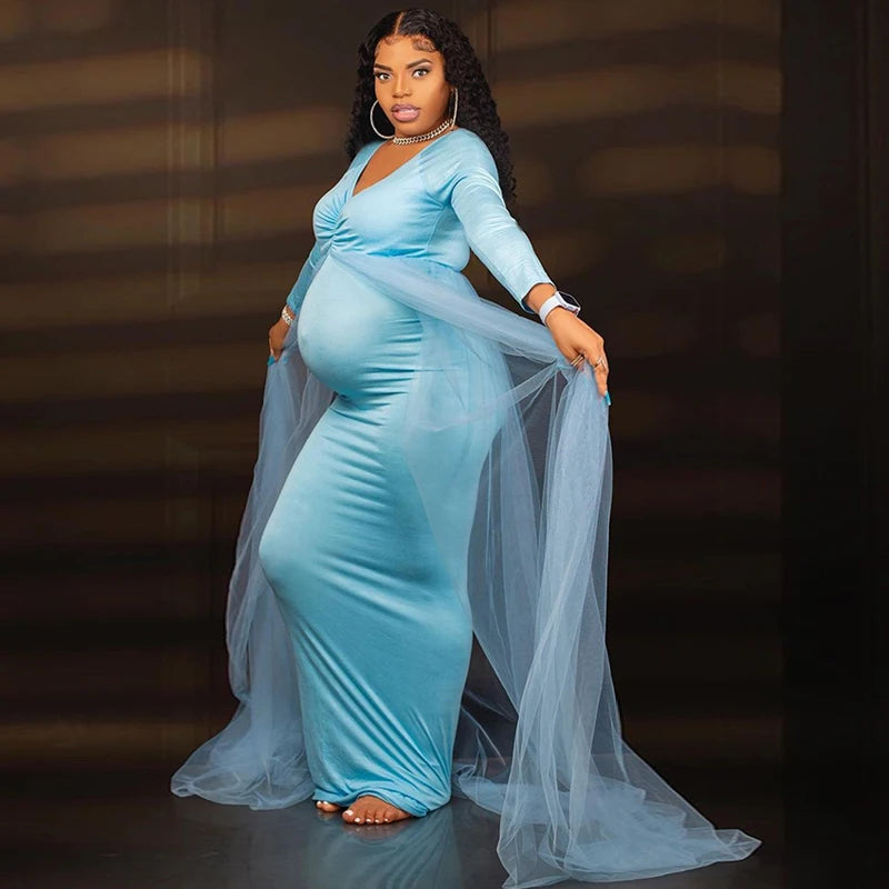Maternity Long Sleeved Floor Length Mesh Dress
