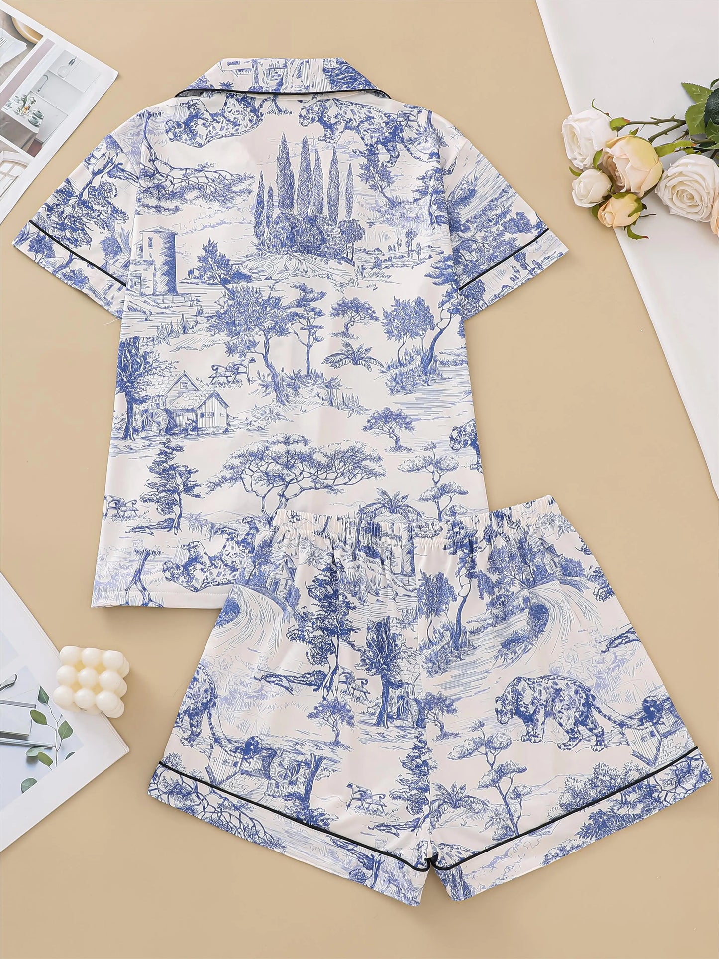 Natural animal print comfortable pajama set short-sleeved lapel top and elasticated waistband shorts loungewear