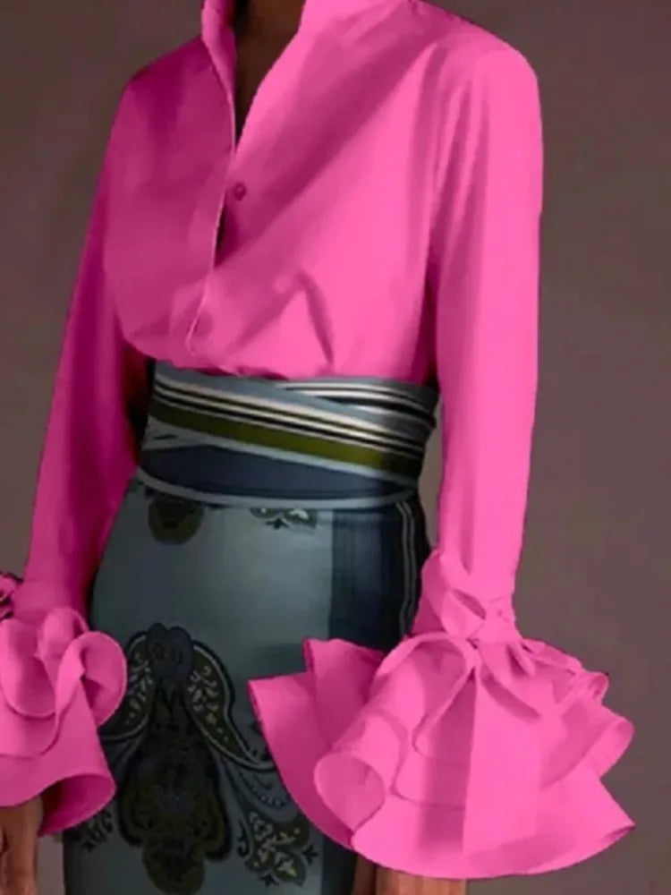Women Fashion Lapel Long-sleeved Single-breasted Shirt