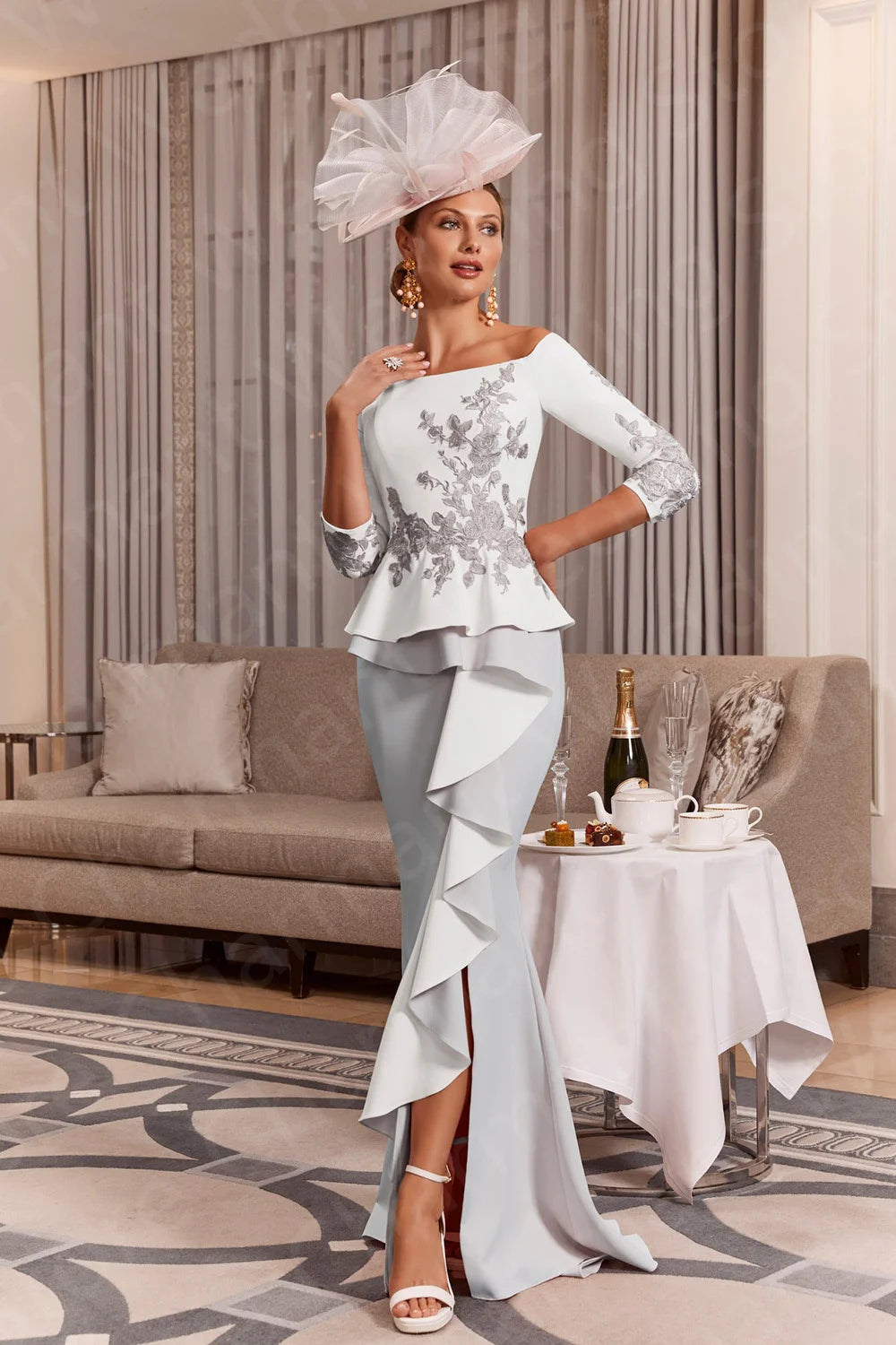 Customized Mermaid Mother of the Bride Dresses Lace Off Shoulder Sleeves Front Split