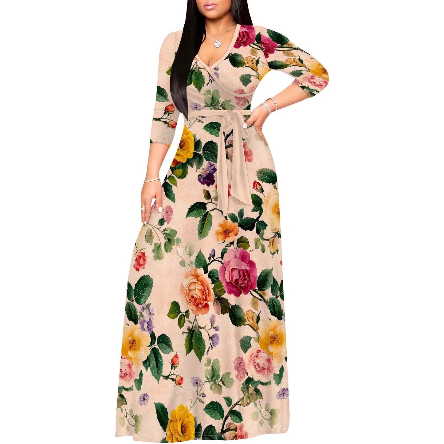 Romantic Floral V-Neck 3/4 Sleeve Wrap Maxi Dress with Belt