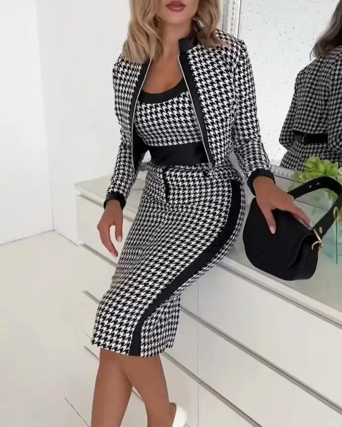 Elegant Print Dress With Coat Suit Two Piece Set