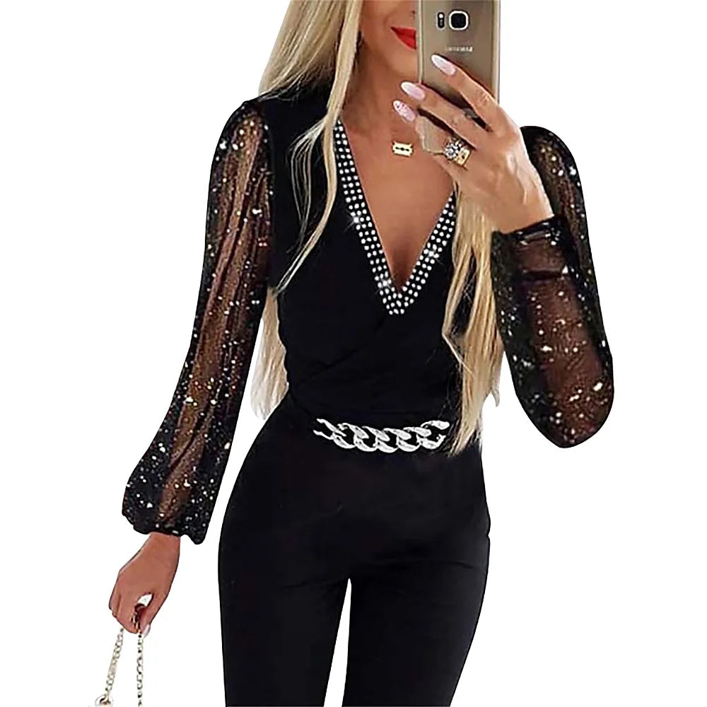 One Piece Slim Fit Jumpsuit with V Neck Full Sleeve