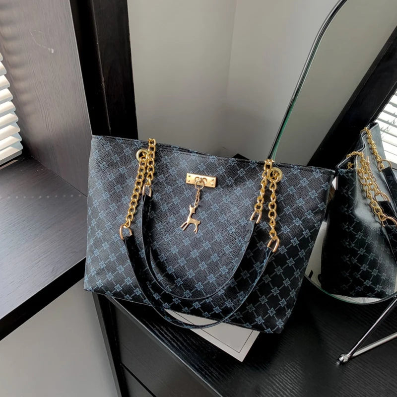 Women Soft Leather Large Capacity Tote Handbag With Hanging Accessories Shoulder Bag