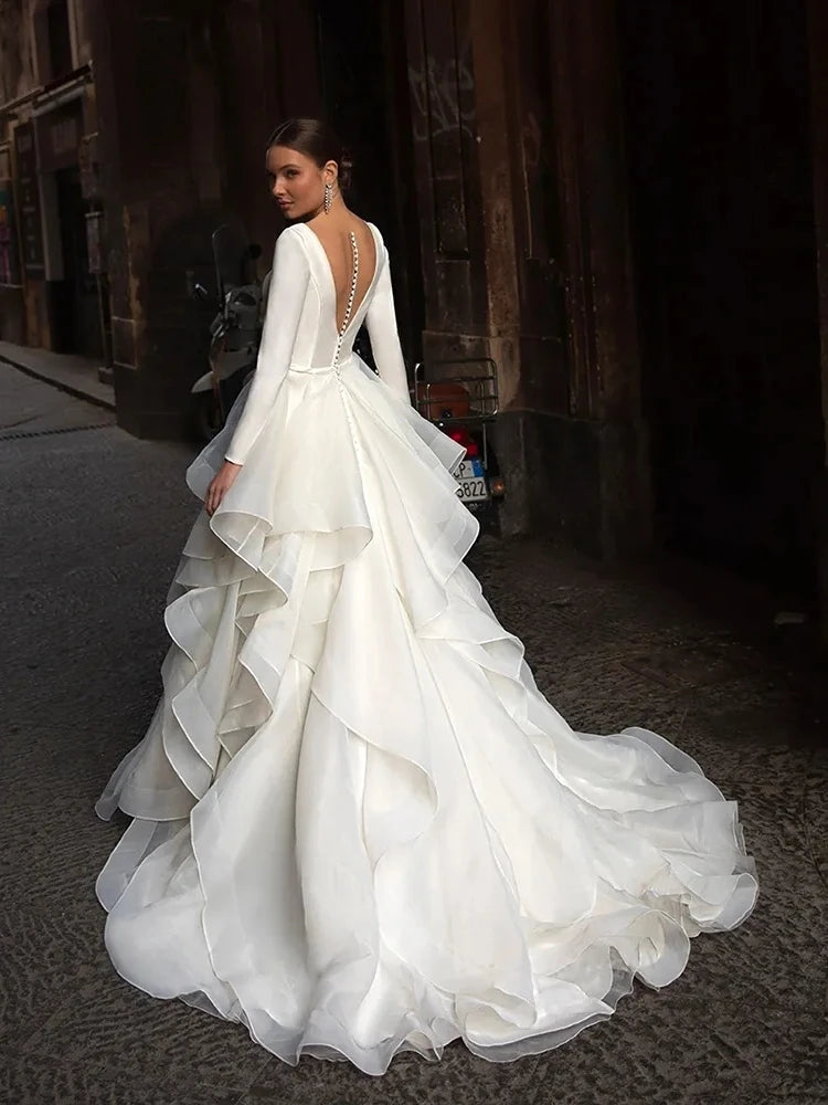 Gorgeous V-Neck Backless Long Sleeves Wedding Dresses Gown Luxury Pleat