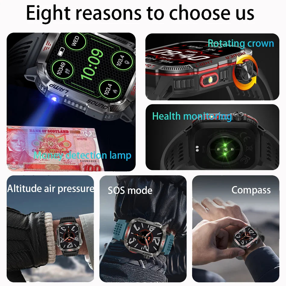 Men Military GPS Smart Watch Flashlight Compass Waterproof Outdoor Sport Tracker Bluetooth