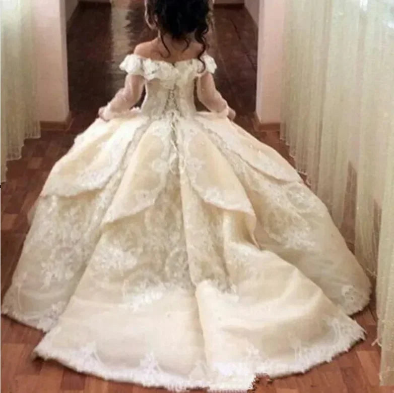 Elegant Toddler Full Sleeves Princes Gown Lace Flower Girl Dresses Sheer Flower Girl First Communion Princess Pageant