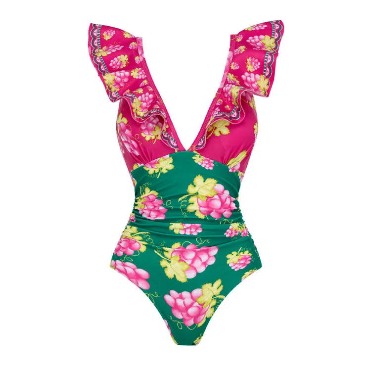 Swimwear 2PC Cover-up Swimsuit Ruffle Printed Deep V One-piece Kimono Bikini Suit