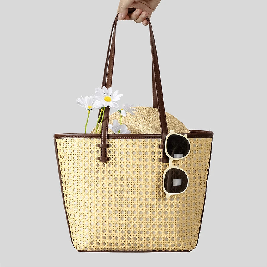 Fashion Hollow Buckets Faux Rattan Woven Women Shoulder Tote Bags