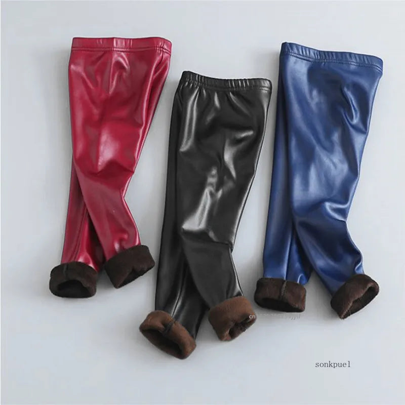 Girls Warm Trousers Faux PU Leather Legging Slim Pants