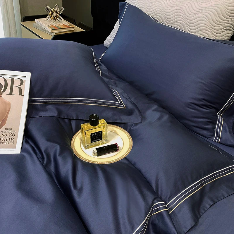 Luxury Three-line Embroidery Solid Color 1000TC Egyptian Cotton Bedding Set Duvet Cover Bed Sheet/Fitted Sheet Pillowcases 4Pcs