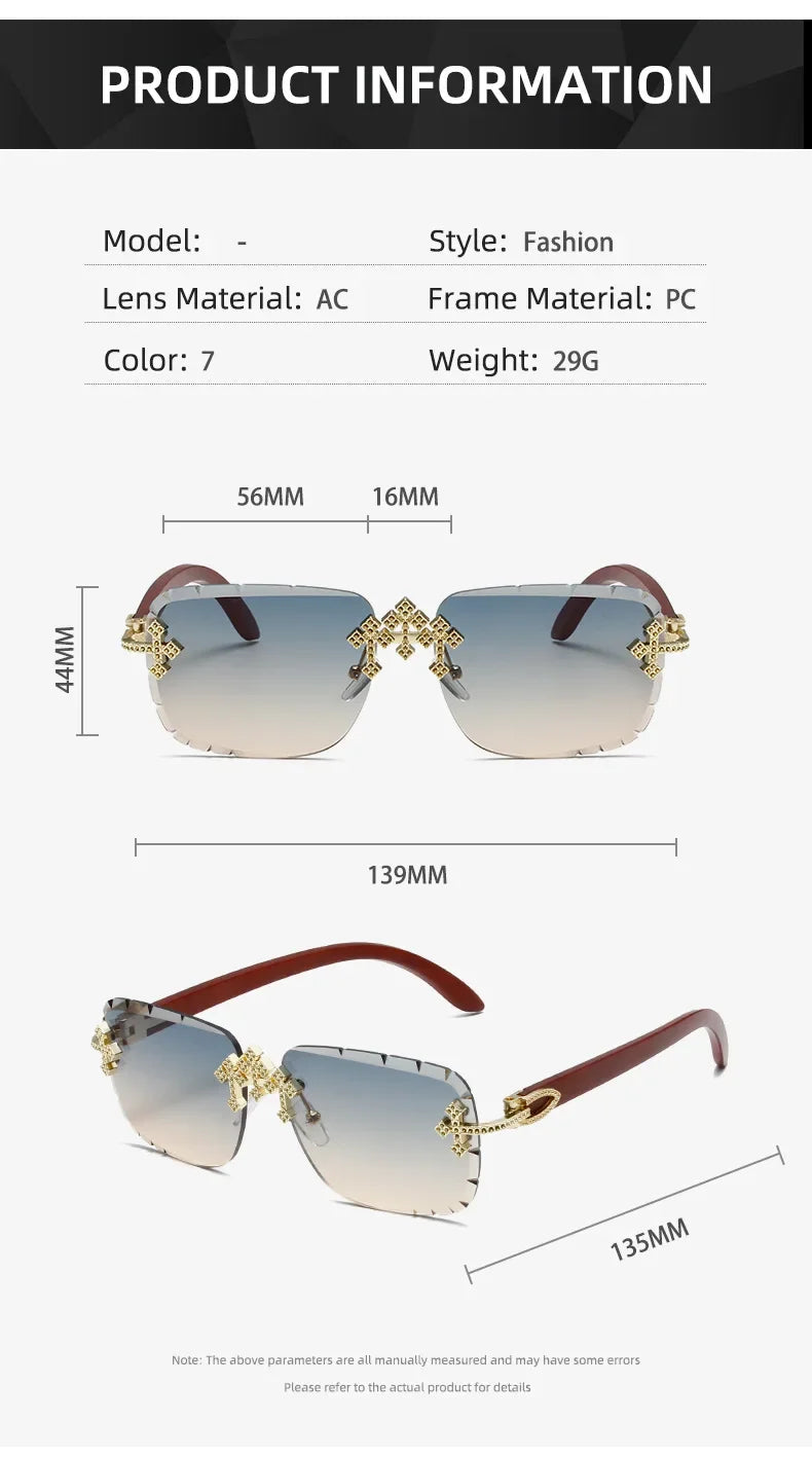 Vintage Rimless Square Cutting Lens Women Men Luxury Brand Designer Sunglasses Popular Punk Diamond Cross Sun Glasses UV400
