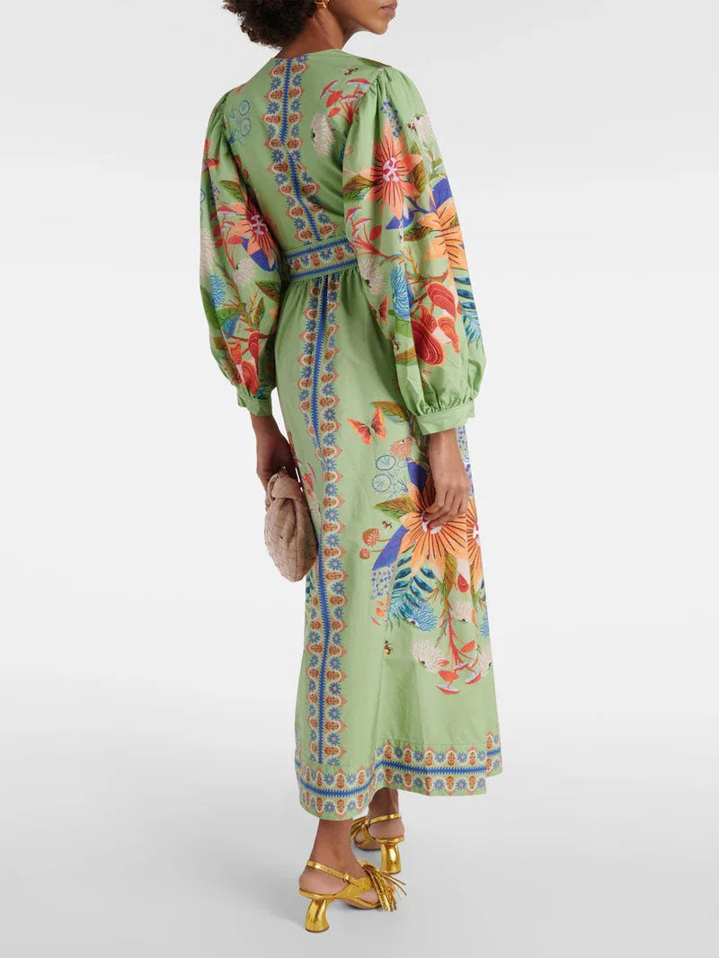 Bohemian retro ethnic style heavy-duty print elegant waist-defining slimming short vacation dress