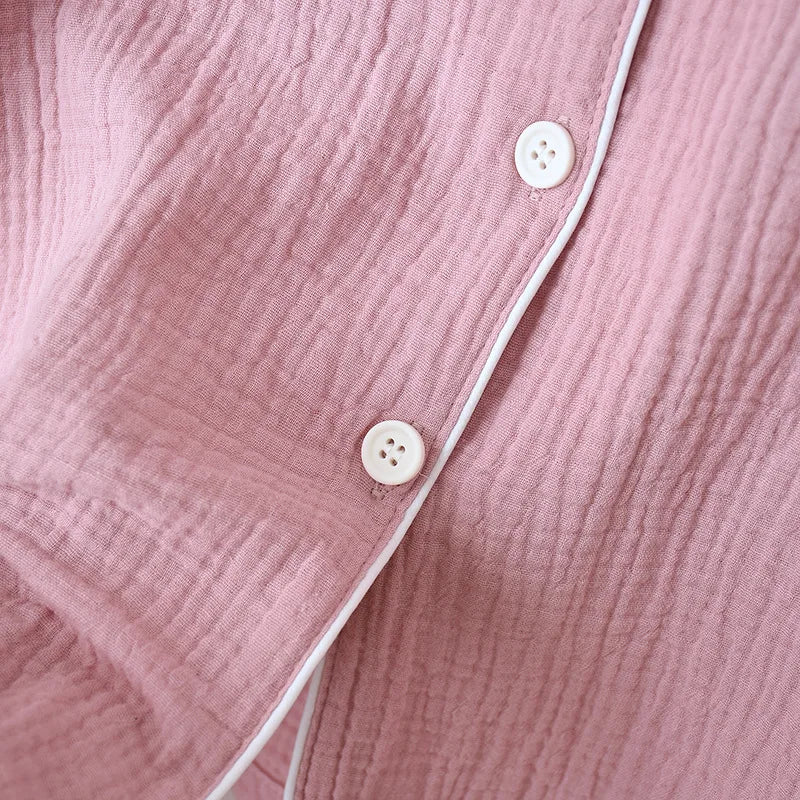 Spring and Autumn Couple Pajamas Set 100%Cotton Crepe Long Sleeve Pants Two Piece Men's and Women's Large Size