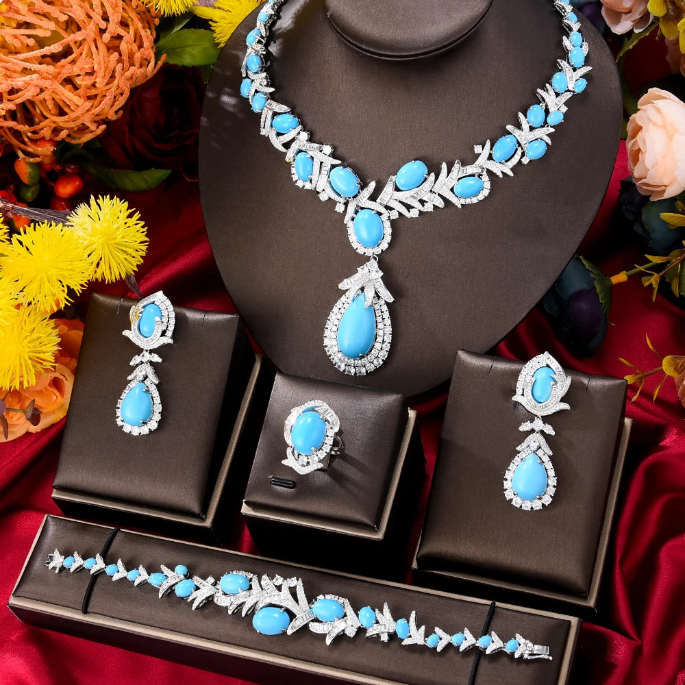 Turquoise Dubai Jewelry Sets For Women CZ Zircon Necklace