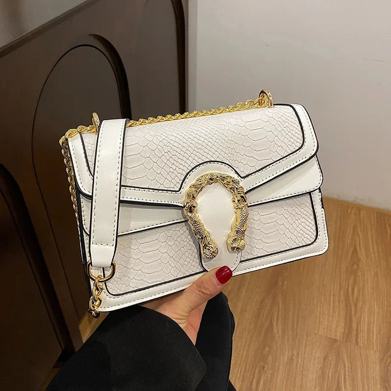 Gold Chain Crossbody Women's Fashion Bag Crocodile Pattern