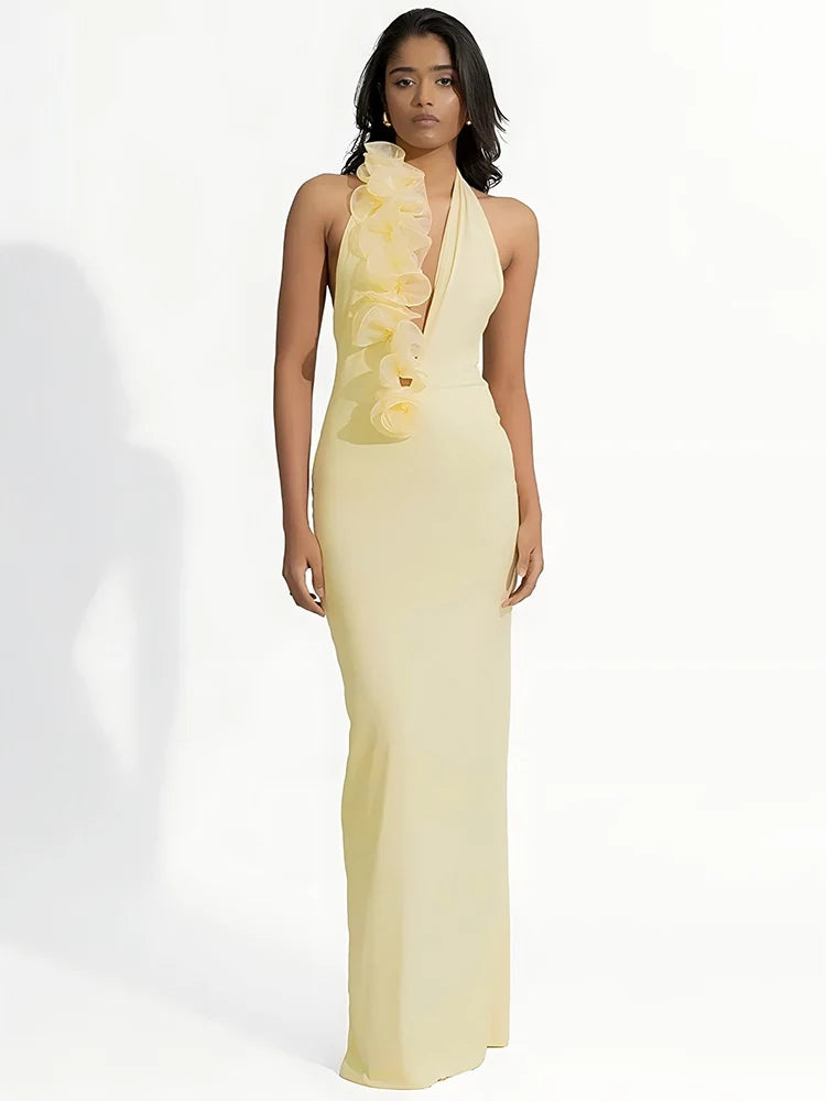 Mesh Rose Deep V Neck Sexy Maxi Dress For Women