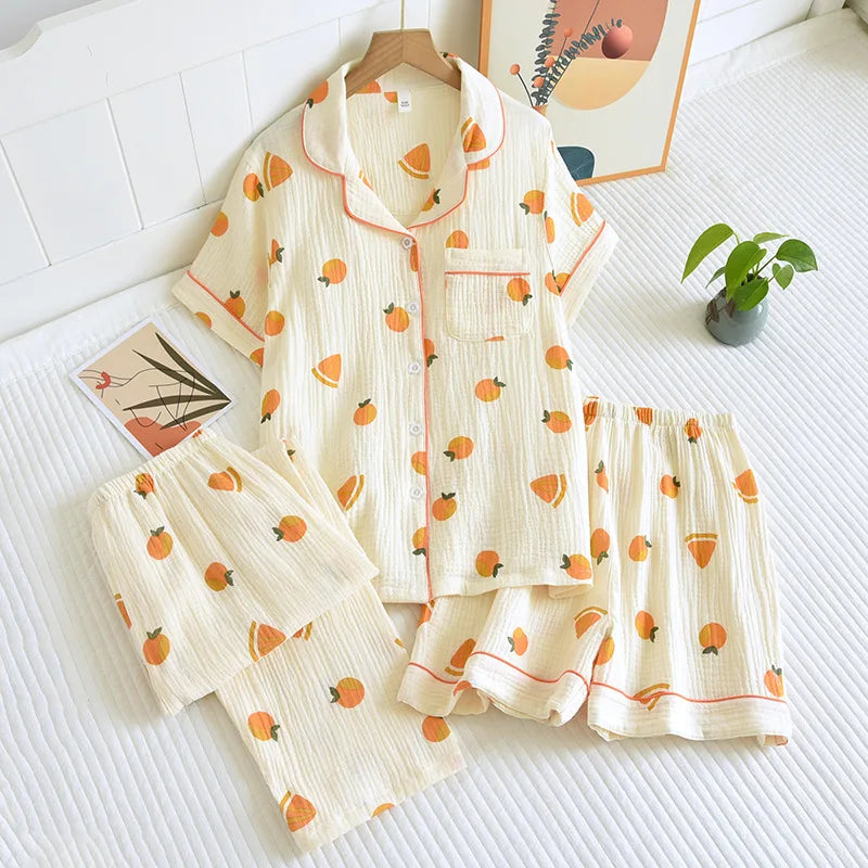 Summer women's cotton crepe three-piece short sleeve + shorts + trousers large size simple flower pajamas