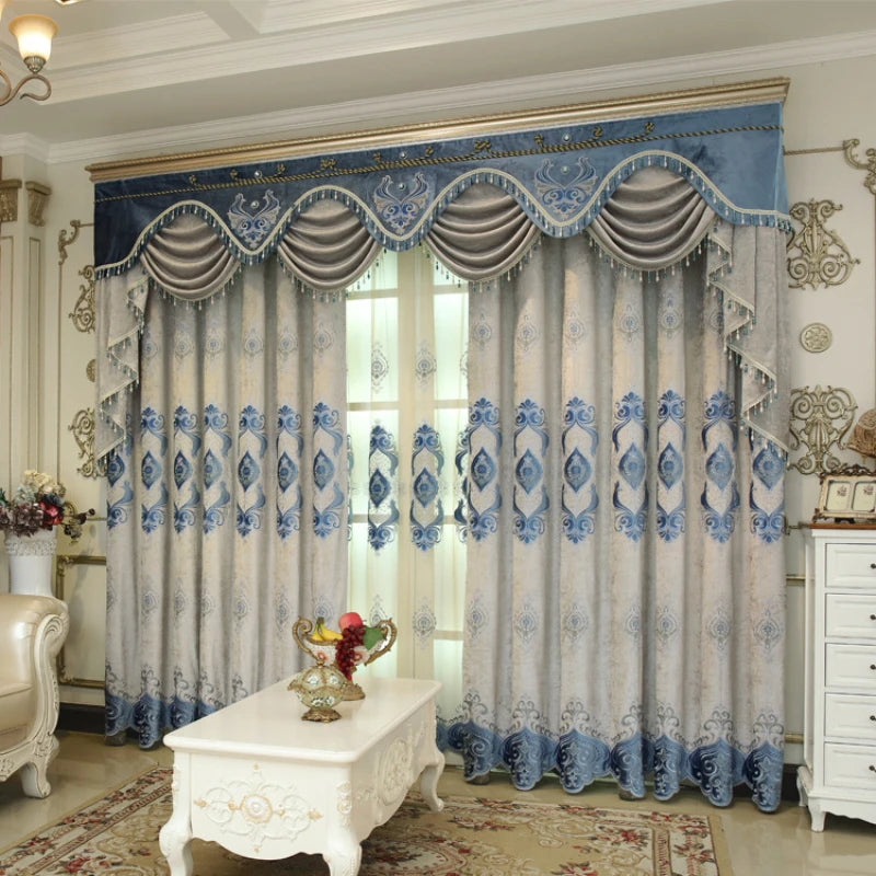Blue Chenille European Embroidery Curtains Custom Size Retro Print Luxury Light Control for Living Room Bedroom Dining