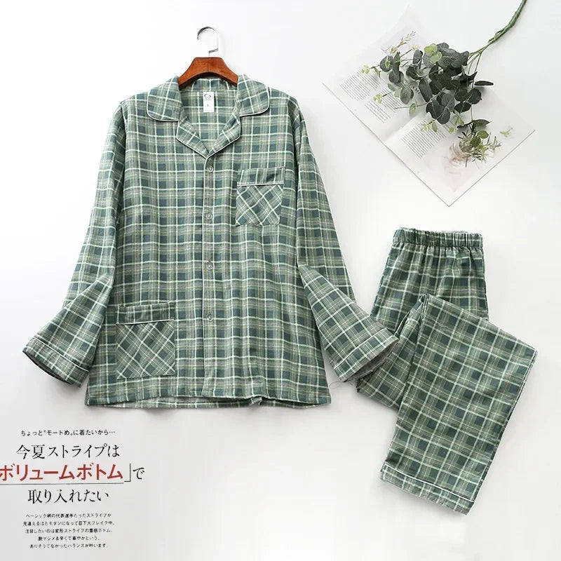 Spring Autumn Winter Long-sleeved Men's Trousers Pajama Set Suits Brushed Cloth Cotton Plaid