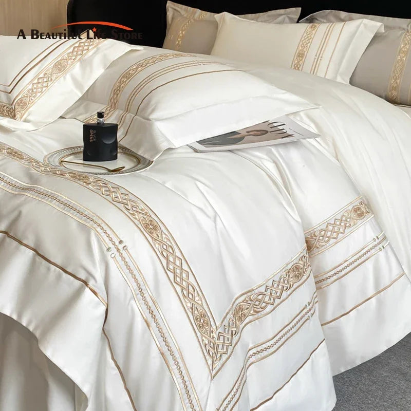 100% Egyptian Cotton Luxury Duvet Cover Set Gold Embroidery Hotel Style