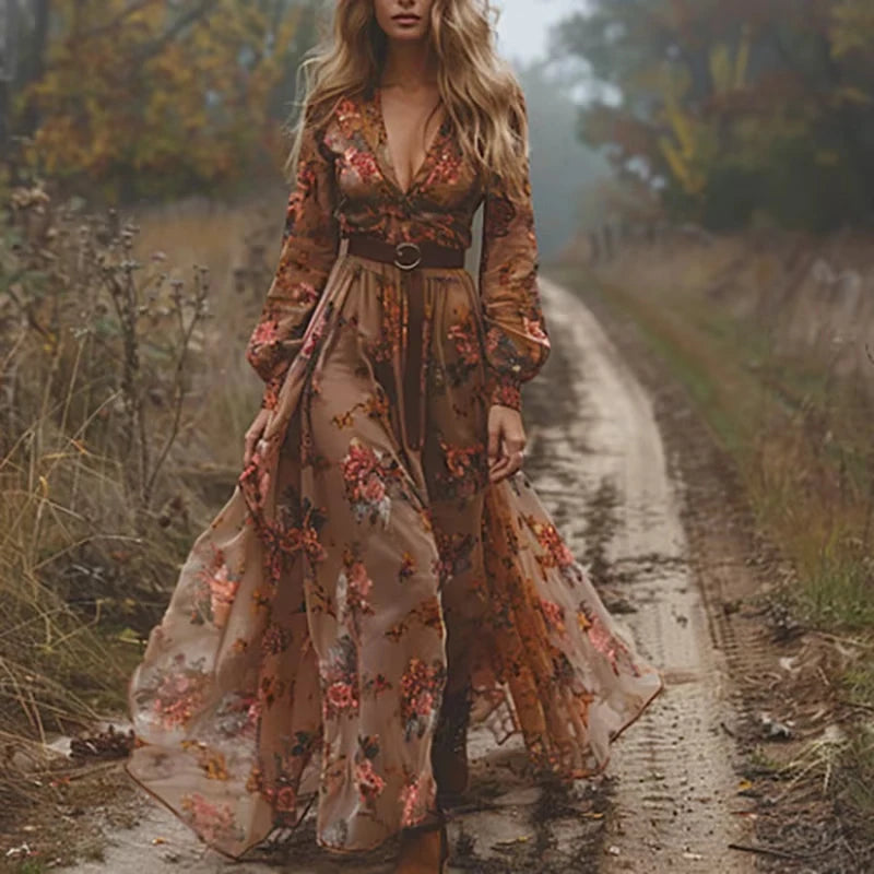 Elegant Boho Long Sleeved Women's Dress Casual V-neck High Waist