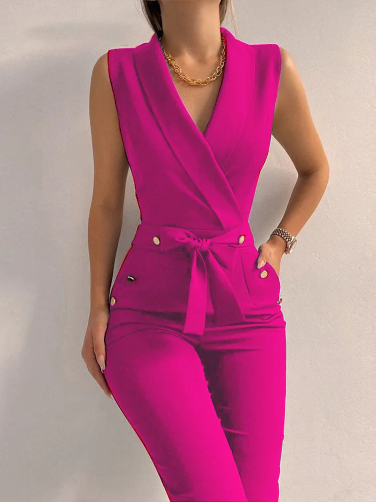 Women Casual V Neck Jumpsuits Button Lace Up Sleeveless Wide Leg Pants
