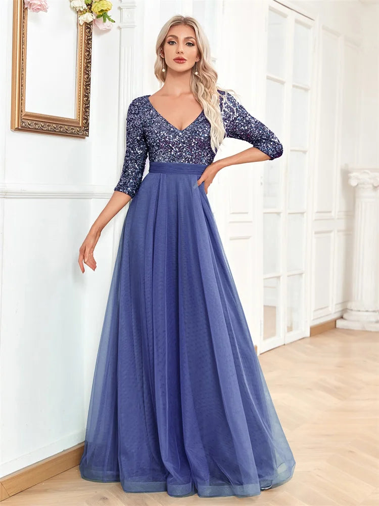 Luxury Floor Length V-Neck Evening Dress Party Maxi Dress Sequin Short Sleeves Prom Cocktail Gown