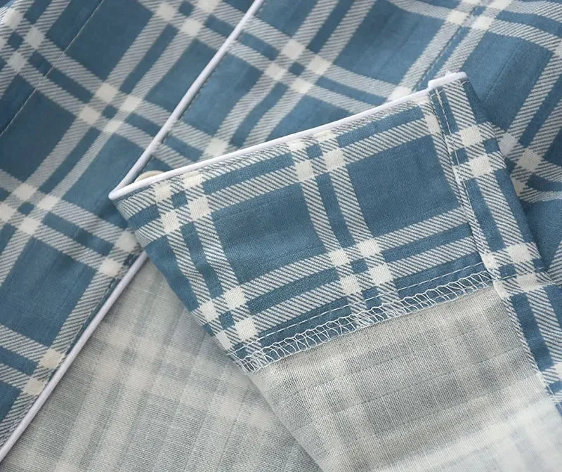 Men's Pajamas Sets Long-sleeved Cardigan Tops and Trousers 100% Cotton Double Gauze Lattice Sleepwear
