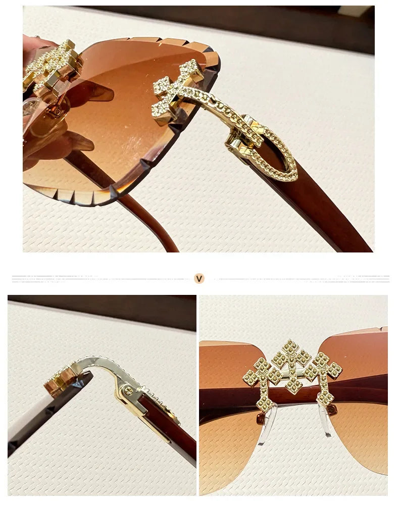 Vintage Rimless Square Cutting Lens Women Men Luxury Brand Designer Sunglasses Popular Punk Diamond Cross Sun Glasses UV400